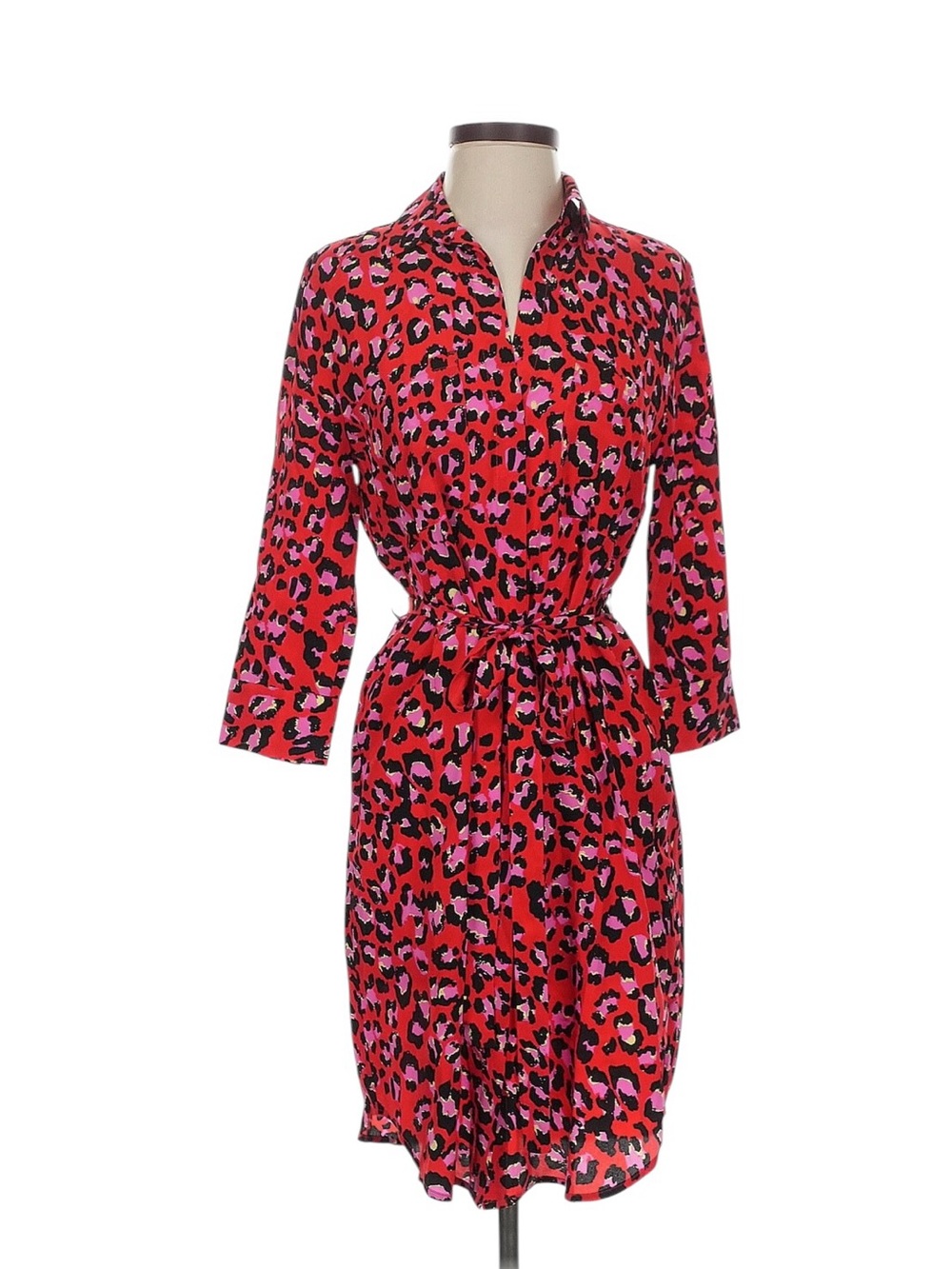 New L’Agence Stella Silk Red & Pink Leopard Print Shirt Dress Size XS